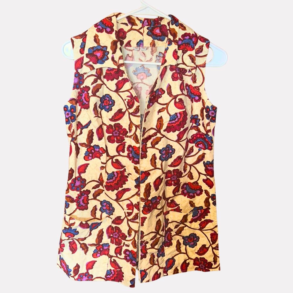 Vintage XS Floral Cotton Vest Boho Cottagecore Button Up Waistcoat Prairie